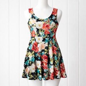 Maitai Floral Short Dress 1X | Black Orange Blue Sleeveless Fit & Flare